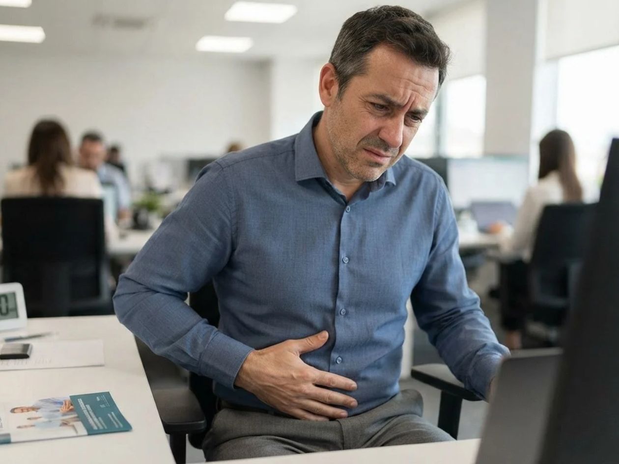 Hombre sufriendo prostatitis bacteriana, con dolor en la zona del abdomen